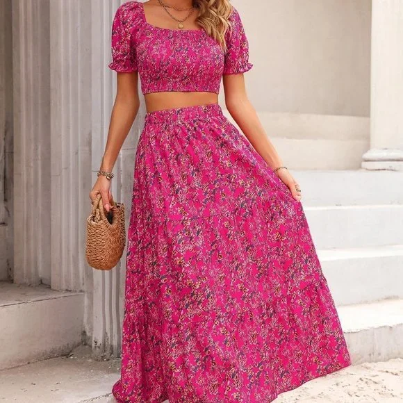 Boho Ditsy Floral Print Puff Sleeve Crop Blouse & Ruffle Hem Skirt pink - Picture 3 of 5